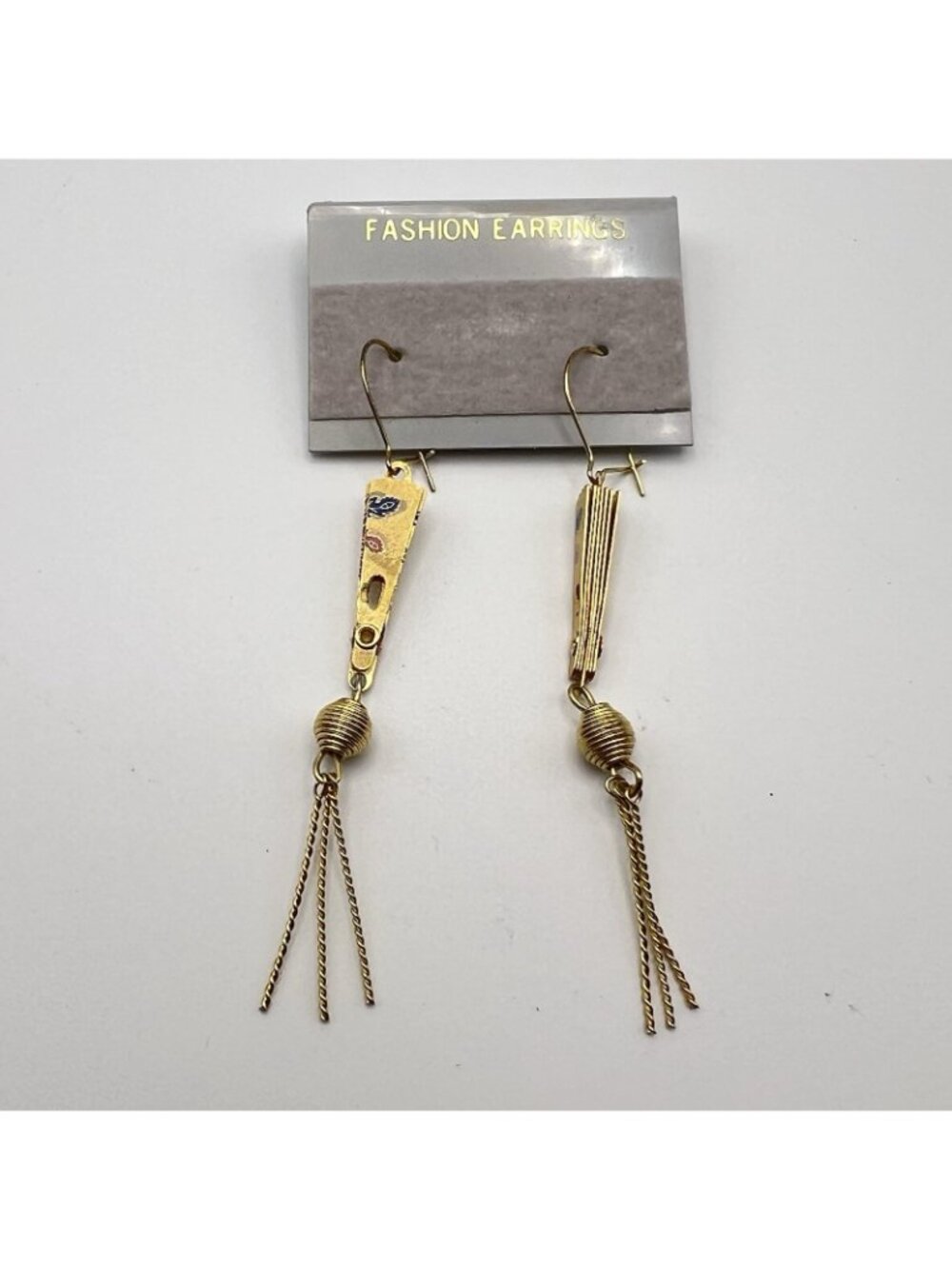 Vintage Asian Fan Tassel Earrings Gold Tone Phoenix Crane Statement Dangle 2.5" - Picture 6 of 7